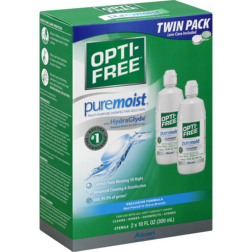 With hydraGlyde moisture matrix for soft lenses. Lens care included. Comfort from morning til night. Advance cleaning & disinfection (Multi-Purpose solution brands, based on a survey of Eye Care Professionals, data on file). Exclusive formula. Not found in store brands. For use with all soft contact lenses. Cleans. Rinses. Disinfects. Stores. Doctor no 1 recommended. Opti-Free Puremoist Solution is proven to provide comfort that lasts from morning til night. Advance cleaning & disinfection. Provides a cushion of moisture for comfort. pH balanced formula. Opti-Free Products for Silicone Hydrogel and Soft Contact Lenses: Product: Opti-Free Puremoist solution. Benefits: All day comfort. Proprietary Ingredients: HydraGlyde Moisture matrix provide a lubricating cushion of moisture. Alcon Guarantee: The performance of this product is guaranteed. if you are not satisfied with this product for any reason, return the unused portion to Alcon laboratories for a full refund. Question or comments? Call 1-800-757-9195. www.OPTI-FREE.com. Please remember to recycle. Made in the USA with Global Materials.