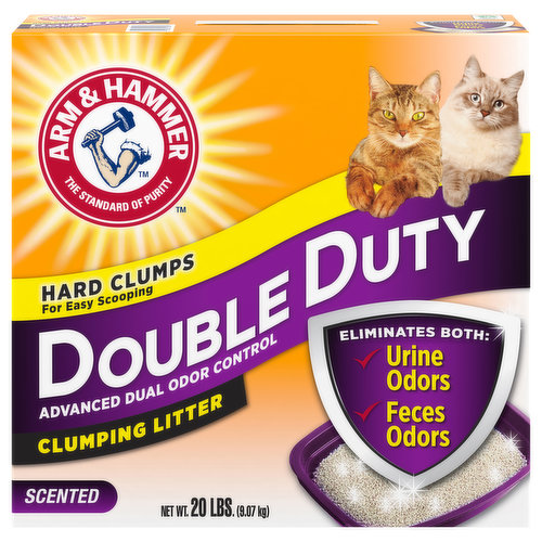 The standard of purity. Hard Clumps: For easy scooping. Advanced dual odor control. Eliminates Both: Urine odors. Feces odors. A secret in the litter box. In the 70's the secret to fighting litter box odors was to add Arm & Hammer baking soda. Now Arm & Hammer clumping cat litters are infused with odor-eliminating baking soda and advanced odor neutralizers for a fresh smelling home. Today's better litter for better odor control. Arm & Hammer double duty clumping litter eliminates both types of odors for advanced odor control. Its breakthrough formula destroys urine and feces odors on contact, and helps keep your home smelling fresh and clean. Here's How it Works: Eliminates Both: Feces odors. Urine odors. Solid Clumps: 99% dust free. Low tracking. Rock-solid clumps let you remove the source of odors easily. Fresh Scent: Refreshing litter. Fresh scent refreshes litter every time your cat uses the litter box. Arm & Hammer Double Duty Clumping Litter: Your secret to true odor control. Pet friendly.