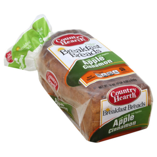Made with real Apples. Toast me! We're 100 years behind the times. Best toasted! Per 1 Slice: 100 calories; 0 g sat fat (0% DV); 100 mg sodium (4% DV); 7 g total sugars. Certified Kosher Parve. We can all make a difference (Even the twist tie that we used on this package is certified as completely biodegradable)! Plastic bags are recycled into many different products. Most plastic bags are recycles into composite decking but can also be reprocessed into post consumer resin which can be recycled into a variety of products such as new bags, pallets, containers and crates. Go Green: Please recycle me with your grocery store bags. Country Hearth Breakfast Breads are a great way to start your day. Toast a slice of our Apple Cinnamon Bread and indulge yourself in the sweet taste and aroma of the cinnamon and real apples that we've baked into every loaf! The bakers of Country Hearth and Village Hearth are proud to support local K-12 education with Loaves 4 Learning. Scan this QR code with your smartphone to learn more about the program at our website, loaves4learning.com. www.panogold.com.