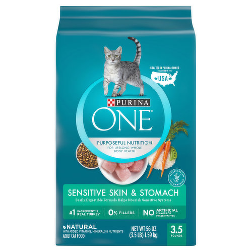 Calorie Content (fed)(ME): 4016 kcal/kg, 449 kcal/cup Animal feeding tests using AAFCO procedures substantiate that Purina ONE Sensitive Skin & Stomach Formula provides complete and balanced nutrition for maintenance of adult cats. Easily digestible formula helps nourish sensitive systems. No artificial flavors or preservatives. Easily digestible formula helps nourish sensitive systems. Purposeful nutrition for lifelong whole body health. Veterinarian recommended. No. 1 ingredient is real turkey. 0% fillers. Natural with added vitamins, minerals & nutrients. See the Difference Purposeful Nutrition Can Make: Every ingredient in this recipe has a purpose - made with real turkey as the number 1 ingredient, 0% fillers and no artificial flavors or preservatives. Made for cats with sensitive systems, this easily digestible formula helps nourish sensitive skin and stomach. For Sensitive Systems: Easily digestible formula helps nourish sensitive skin and stomach. Strong Muscles, Including a Healthy Heart: Supported by high-quality protein from sources including real turkey as the number 1 ingredient. Strong Immune System: supported by an antioxidant-rich blend of vitamins E & A and other nutrients. Healthy Skin & Coat: Supported by omega-6 fatty acids, vitamins & minerals. Taste Appeal: Deliciously crunchy bits help keep your cat coming back meal after meal. Crafted with Real Ingredients: Real turkey helps provide the protein in your cat needs. Wholesome grains help provide nutrients and carbohydrates for healthy energy. Accents of real vegetables including real carrots and peas. Purina - Your pet, our passion. Satisfaction Guaranteed: We're confident Purina One will make a healthy difference in your pet. If for any reason you're not satisfied with this purchase, contact us and we'll refund your purchase price. The Purina Promise pets are our passion. Safety is our promise. Progress is our pledge. PurinaOne.com. Purina.com. how2recycle.info. Follow us at Purina.com. Twitter. Facebook. We're listening. Visit us online at Purina.com or call 1-866-Purina1 (1-866-787-4621). Every ingredient has a purpose PurinaOne.com/ingredients. Purina One dry and wet recipes provide nutrition for lifelong whole body health. Discover more at purinaone.com. Crafted in Purina-owned facilities in the USA.