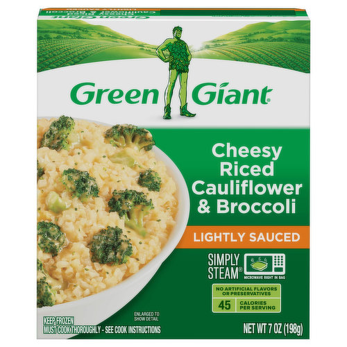 Green Giant Simply Steam Cauliflower & Broccoli, Cheesy Riced, Lightly Sauced