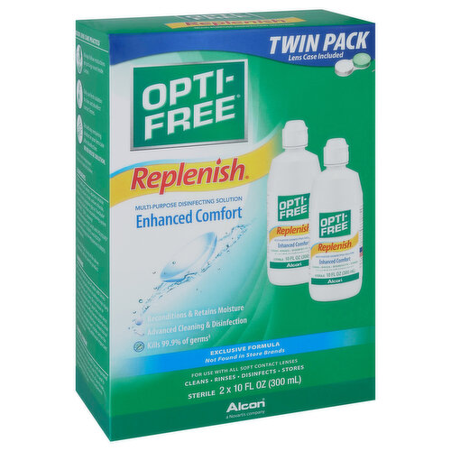 Lens case included. Reconditions & retains moisture. Advanced cleaning & disinfection. Kills 99.9 % of germs (Based on ISO 14729 testing against the 5 panel organisms). Exclusive formula. Not found in store brands. For use with all soft contact lenses. Cleans. Rinses. Disinfects. Stores. Sterile. Alcon a Novartis company. Opti-Free Replenish solution reconditions the source of the lens to retain moisture, so lenses feel fresh. Cleans & disinfects. Reconditions lenses. Enhanced comfort. Alcon a Novartis company. Most trusted. Brand by Eye Doctors (Multi-Purpose Solution brands. Based on a Survey of Eye Care Professionals, Data on File). Opti-Free Products for Silicone Hydrogel and Soft Contact Lenses: Product: (Opti-Free Express Solution); Benefits (Everyday Comfort); Proprietary ingredients (Tetronic 1304 (Tetronic is a registered trademark of BASF)); Product: (Opti-Free Replenish Solution); Benefits (Enhanced Comfort); Proprietary ingredients (Tearglyde proprietary dual-action system reconditions & retains moisture); Product (Opti-Free Puremoist Solution); Benefits (All day Comfort); Proprietary ingredients (Hydraglyde Moisture Matrix maintains a lasting cushion of moisture). Actual size. Please remember to recycle.
