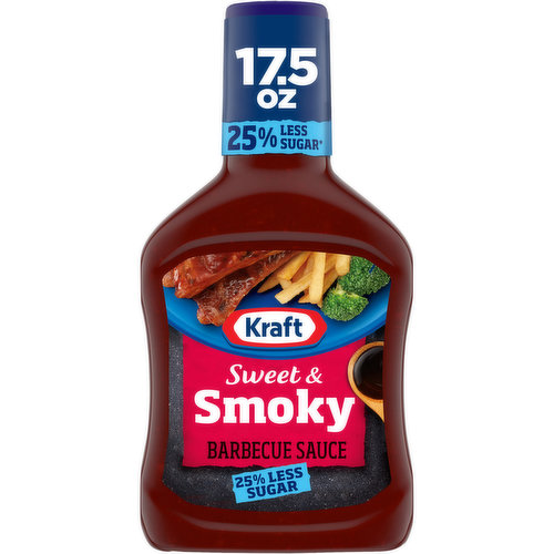 Kraft Sweet & Smoky BBQ Sauce adds bold, smoky barbecue flavor to almost anything with 25% less sugar than the leading BBQ sauce (each serving contains 8g total sugars, where the leading bbq sauce contains 13g total sugars per serving). Bursting with molasses, vinegar, and spices for a sweet and smoky hickory flavor, this tangy BBQ sauce delivers mouthwatering flavor in every bite. Our smoked BBQ sauce is perfect for spreading or dipping, and it makes a great meat marinade too. With 40 calories per serving, you'll feel good about adding this sweet & smoky BBQ sauce to all your favorite appetizers and entrees. Try it on baby back ribs, as a pulled pork sauce or as a dipping sauce for chicken wings and nuggets. This sweet and smoky barbecue sauce is packaged in a squeezable 17.5 ounce bottle to preserve flavors.