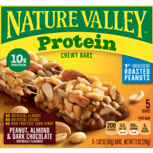 No artificial flavors. Naturally flavored. Per Bar: 200 calories. 3.5g sat fat (18% DV). 150mg sodium (7% DV). 6g total sugars. 10g protein. Gluten free. Contains bioengineered food ingredients. Learn more at ask.Generalmills.Com. 1st ingredient roasted peanuts. Enlarge to show details. When we get outside, something amazing happens. You can feel it. It can make us feel more energized, helps manage stress, and strengthen our families. We think the world could use a little more of that. We are better outside. Gradually increase fiber over time to help minimize potential gastrointestinal discomfort. No artificial colors. No high fructose corn syrup. generalmills.com. www.naturevalley.com/nature. how2recycle. Tell us what you think? - Share it on Twitter, Instagram. General Mills: We welcome your questions and comments generalmills.com. 1.800.231.0308. To learn more see www.naturevalley.com/nature. Proud Supporter: Celiac Disease Foundation. celiac.org. Box Tops for Education. No more clipping. Scan your receipt. See how at BTFE.com. 100% recycled paperboard. Carbohydrate Choices: 1.