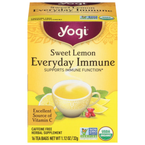 Yogi Herbal Supplement, Sweet Lemon, Caffeine Free, Everyday Immune, Tea Bags
