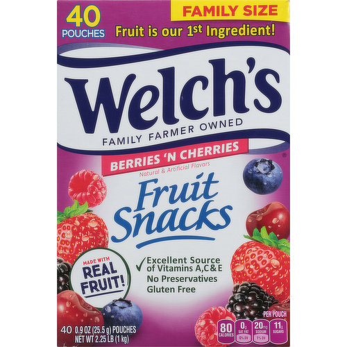 Natural & artificial flavors. Per Pouch: 80 calories; 0 g sat fat (0% DV); 20 mg sodium (1% DV); 11 g sugars. 80 calorie pouches. Gluten free. Fat free. Excellent source of vitamins A, C & E. Fruit is our 1st ingredient! Family farmer owned. Made with real fruit! At Welch's, we put the fruit in fruit snacks. We make the brands you love. These fruit snacks are not intended to replace fresh fruit in the diet. No preservatives. Preservative free. www.welchsfruitsnacks.com. Comments or questions? Call 1-800-340-6870 weekdays 9 am - 4 pm EST; www.welchsfruitsnacks.com. 100% recycled paperboard. Please recycle this box.