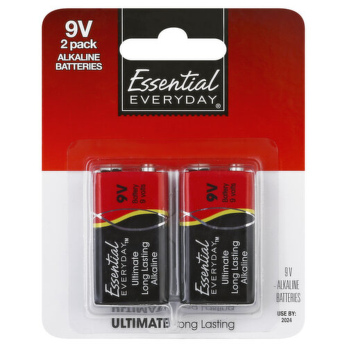 Essential Everyday Batteries, Alkaline, 9V, 2 Pack