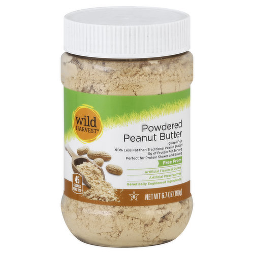 90% less fat than traditional peanut butter (Wild Harvest Organic Creamy Peanut Butter has 17 g of fat per 2 tbsp serving). 5 g of protein per serving. Perfect for protein shakes and baking. Gluten free. Free from: artificial flavors & colors; artificial preservatives; genetically engineered ingredients. 45 calories per 2 Tbsp. To learn more about Wild Harvest products including our full line of organic products, and for recipes, please visit www.mywildharvest.com. Gluten free. Suitable for vegans. 877-932-7948, mywildharvest.com. Made in USA with US grown peanuts.