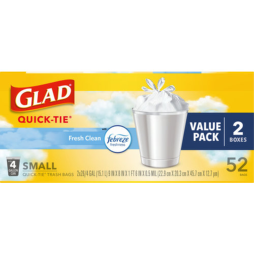 Glad Quick-Tie Fresh Clean Small Trash Bags Value Pack, 2 pack, 52