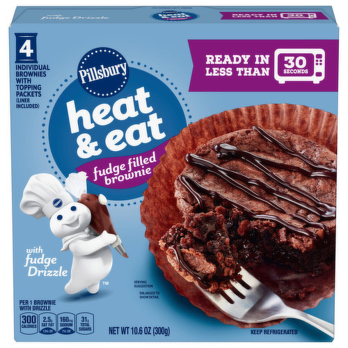 Fudge filled brownie. Per 1 Brownie with Drizzle: 300 calories; 2.5 g sat fat (13% DV); 160 mg sodium (7% DV); 31 g total sugars. Contains Bioengineered Food Ingredients. Individual brownies with topping packets (liner included). Ready in less than 30 seconds. www.pillsbury.com. Ask.GeneralMills.com. Learn more at Ask.GeneralMills.com. Questions? Save package and call 1-800-775-4777. www.pillsbury.com. 100% recycled paperboard. Made in Canada.