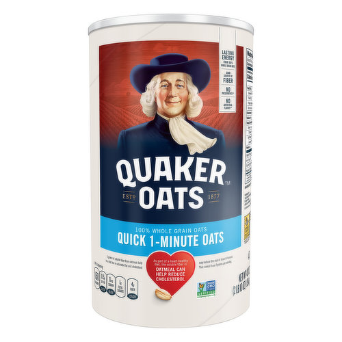 No artificial flavors (Oats are inherently free from preservatives, added sugar, artificial flavors and added colors). Per 1/2 Cup Serving: 150 calories; 0.5 g sat fat (3%DV); 0 mg sodium (0%DV); 1 g total sugars; 4 g fiber (13%DV). 3 grams of soluble fiber from oatmeal daily in a diet low in saturated fat and cholesterol may reduce the risk of disease. This cereal has 2 grams per serving. As part of a heart-healthy diet, the soluble fiber in oatmeal can help reduce cholesterol. Diets rich in whole grain foods and other plant foods and low in saturated fat and cholesterol may help reduce the risk of heart disease. Heart-Check certification applies only when prepared with water and does not apply to recipes. American Heart Association Certified. Meets Criteria for Heart-Healthy Food. 100% Whole Grain 40 g or more per serving. 100% of the grain is whole grain. Eat 48 g or more of whole grains per day for fiber and overall health. WholeGrainsCouncil.org. Good source of fiber; No preservatives (Oats are inherently free from preservatives, added sugar, artificial flavors and added colors); No added sugar (Not a low calorie food. See nutrition facts for information on sugar and calories); No added colors (Oats are inherently free from preservatives, added sugar, artificial flavors and added colors). Non GMO Project verified. nongmoproject.org. Estd. 1877. Lasting energy from 100% whole grain oats. When it comes to nutrition, It's hard to beat a bowl of Quaker Oats. 100% Whole grain oats support a heart-healty lifestyle (3 grams of soluble fiber from oatmeal daily in a diet low in saturated fat and cholesterol may reduce the risk of heart disease. This cereal has 2 grams per serving) with a bet-glucan, a soluble fiber that helps reduce total and LDL cholesterol as part of diet low in saturated fat and cholesterol. These oats also provide lasting energy to help get you going and keep you going. And not just any oats make the cut. Quaker only mills oats that meet strict quality standards to help you get the best start to your day. That’s a whole lot of nutrition in one bowl. Made with whole grains to provide a good source of fiber, and energy to help keep you going. The traditional whole grain rolled oats you love, cut and rolled thinner for faster cooking. nongmoproject.org; Quakeroats.com; WholeGrainsCouncil.org. Facebook. Twitter. For special offers, information and to join the conversation, visit: QuakerOats.com, Facebook.com/Quaker or (at)Quaker. We're here to help quakeroats.com or 800.367.6287. Please have package available when calling. Try our Quaker Oat Beverage super smooth & delicious. Find with chilled plant based beverages. 0.75g of oat soluble fiber per 8 oz serving. The majority of this canister is made from recycled paperboard.