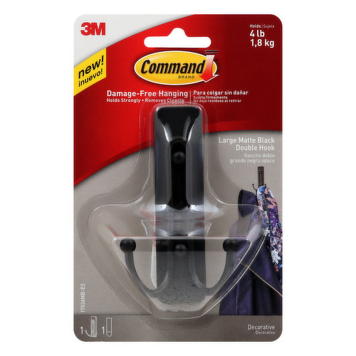 Command Double Hook, Decorative, Matte Black, Large