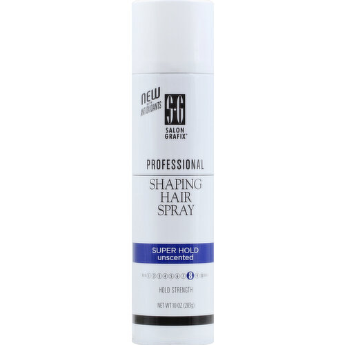 Hold strength. Unscented super hold finishing spray. New with antioxidants. Now with antioxidants, vitamins A, B5, C and E, for healthy hair. grape seed extract to smooth, protect and add shine. Fast drying, professional formula with instant hold. Brushes through during styling. Never sticky and humidity resistant. Try our Salon Grafix styling products. this product meets voc standard and can be sold in all states. Visit salongrafix.com. Dispose properly. Made in USA.