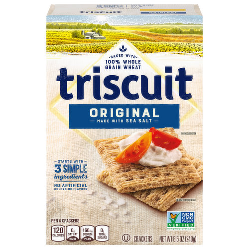 Triscuit Original Whole Grain Wheat Crackers are made with just three ingredients for a simple yet delicious way to snack. Baked to perfection, these snack crackers use 100% whole grain wheat, oil and sea salt for a classic flavor. The square snack crackers are made with their signature woven texture for a satisfying crunch. They are Non-GMO Project Verified, and made without artificial colors or flavors for delicious, wholesome goodness. Enjoy the crunch of these delicious crackers on their own, or top them with your favorite cheese, fruit, or flavorful spreads. Triscuit cracker snacks cover all your snacking needs, whether you need lunch snacks for kids or on the go snacks for traveling. Serve them at parties on your meat and cheese tray as fun, easy appetizers. Each 8.5 oz box is sealed to keep these kosher crackers fresh and crunchy until you're ready to enjoy them.