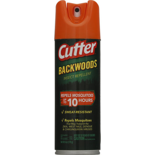 Repels mosquitoes up to 10 hours. Sweat-resistant. Repels mosquitoes that may transmit the zika, west nile & chikungunya viruses. www.cutterinsectrepellent.com. Questions of comments? Call 1-800-767-9927 or visit our website at www.cutterinsectrepellent.com. Contains no CFCs or other ozone depleting substances. Federal regulations prohibit CFC propellants in aerosols.