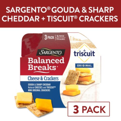 SARGENTO Balanced Breaks® Cheese & Crackers, Gouda & Sharp Cheddar Natural Cheeses and TRISCUIT® Mini Original Crackers Snack Kit, 3-Pack