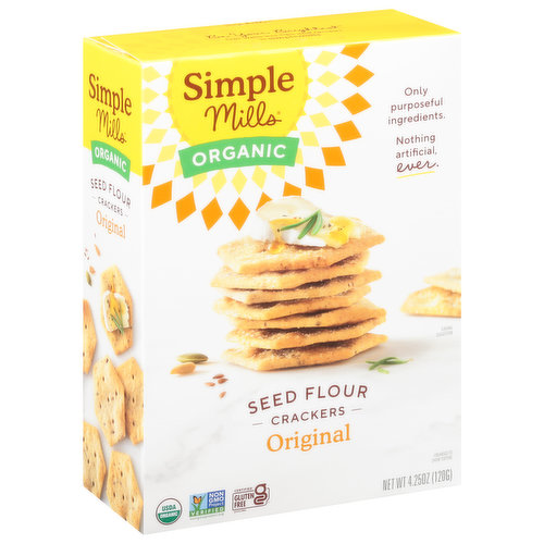 Certified Gluten-free. USDA Organic. Corn free. Grain free. Paleo-friendly. Vegan. Certified Organic by Pro-Cert. Non GMO Project Verified. nongmoproject.org. Only purposeful ingredients. Nothing artificial, ever. Feel what good food can do. Food has the power to transform how you feel. To help you live your fullest life. At Simple Mills, we're passionate about harnessing that power. We select only simple, whole food ingredients, and nothing artificial ever. We're raising the bar. Raising expectations that food can be both delicious and nourishing, so you can thrive. - Katlin & the Simple Mills team. We support organic farming because it builds healthy soil by using practices like: Cover crops to protect the land. Diverse crop rotations to break pest cycles. Organic amendments to recycle nutrients. Healthy soil is the foundation for a healthy planet. Supercharge your snack. Our seed flour blend delivers protein, fiber, antioxidants and valuable nutrients to fuel your body. Sunflower seeds. Flax seeds. Pumpkin seeds. You'll also love our cookies. Bars. Baking mixes. Be your brightest. SimpleMills.com. Learn more at SimpleMills.com. Find in a store near you at Simplemills.com. Get wellness tips and recipes (at)simplemills. Say hello! info(at)simplemills.com. Be friendly to the planet, please recycle. Product of Canada.