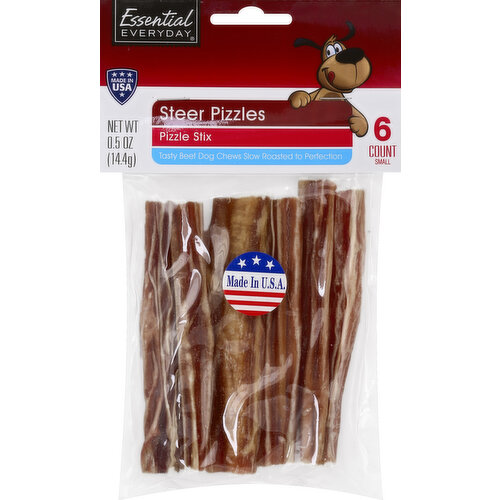 Tasty beef dog chews slow roasted to perfection. 6 count small. Great products at a price you'll love - that's Essential Everyday. Our goal is to provide the products your family wants, at a substantial savings versus comparable brands. We're so confident that you'll love Essential Everyday, we stand behind our products with a 100% satisfaction guarantee. Real savings. Highest quality. Every day. If you're not completely satisfied with this product, please contact us at www.essentialeveryday.com or 1-877-932-7948. Made in USA.