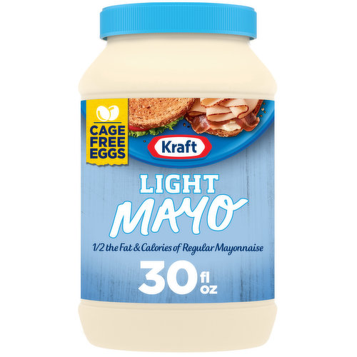 Kraft Light Mayo adds light flavor and creamy texture to all types of dishes. Made with cage free eggs, vinegar and the perfect blend of seasonings, our family favorite light mayonnaise delivers delicious flavor in every bite. Light mayonnaise is thick enough for spreading and adds savory flavor to sandwiches, salads and more. With 35 calories per serving, you'll feel good about adding this creamy mayo to all your favorite appetizers and entrees. Try light mayo on sandwiches and burgers or use it to add creaminess to salads. Our mayonnaise is packaged in a resealable 30 fluid ounce jar to lock in flavor.