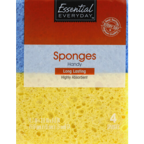 4.7 inch x 3.0 inch x 0.6 inch. Long lasting. Highly absorbent. Real savings, highest quality every day. Great products at a price you'll love - that's Essential Everyday. Our goal is to provide the products your family wants, at a substantial savings versus comparable brands. We're so confident that you'll love Essential Everyday, we stand behind our products with a 100% satisfaction guarantee. Essential Everyday Handy Size Sponges help make your everyday cleaning challenges trouble-free, fitting easily in the palm of your hand. Ideal for: washing dishes, cleaning household appliances, wiping up small countertop spills. Notice: rinse thoroughly before and after each use and squeeze dry, especially when using with products containing bleach. Sanitize in the dishwasher or by boiling. Do not microwave. Not for aquarium use. Made in the USA with globally sourced materials.