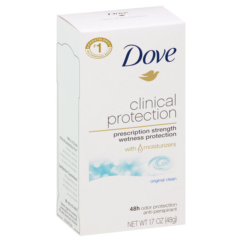 Other Information: Do not store over 115 degrees F. No. 1 dermatologist recommended brand. Prescription strength wetness protection with moisturizers. 48 hr odor protection. Who is Dove Clinical Protection for? Women seeking prescription strength protection from wetness, but without the irritation. Tested against a leading prescription product with 6.25% (w/v) aluminum chloride. Actual size. The strength you need, infused with the beauty and care you expect from dove. Provides clinically proven prescription strength protection against wetness. Delivers all-day freshness through odor-fighting technology. Soothes and conditions skin with Dove 1/4 moisturizers. Features a signature fragrance to leave you feeling clean, fresh, and beautiful. The ultimate combination of strength & Beauty. Satisfaction Guaranteed: We guarantee your full satisfaction or we will replace or refund your purchase. Questions? call toll free 1-800-761-3683. Canada with US materials.