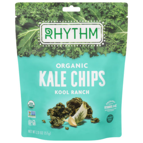 Snacks Full of Life: What's kooler than cool? Our Organic Kool Ranch Kale Chips take your taste buds on a trip with this snack time fave. Tangy ranch, garlic and dill pack a punch of flavor, without a drop of dairy! They're gently dehydrated under low heat to keep in all of the nourishing Vitamins A and K, minerals and goodness that won't kale your vibe. What moves you? You deserve a snack that tastes as good as it makes you feel. With flavors you crave. With energy you can feel. That's what Rhythm is all about - making delicious, wholesome snacks that bring out the best in you. It's our way of creating a healthier, happier world, one bite at a time. Gently air dried. This package is sold on weight, not volume. Some normal product settling may occur during shipping and handling. Oh, hi there! If you're reading this, you officially made it to the bottom of the bag. We have so much to say, but we're running out of space, so check us out at rhythmfoods.com.