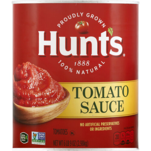 Per 1/4 Cup Serving: 20 calories; 0 g sat fat (0% DV); 380 mg sodium (17% DV); 2 g total sugars. Non-GMO Project verified. nongmoproject.org. Proudly grown 1888. 100% natural. No artificial preservatives or ingredients. Hunt's Tomato Sauce is made from 100% California vine-ripened tomatoes, blended with choice seasonings and spices and contains no artificial preservatives or ingredients. Hunt's Tomato Sauce delivers a rich tomato flavor is providing the perfect base for signature sauces or as a sauce used directly out of the can. www.hunts.com. how2recycle.info. SmartLabel: Scan for more food information. Questions, visit us at www.hunts.com or call 1-800-858-6372. Non BPA Liner.