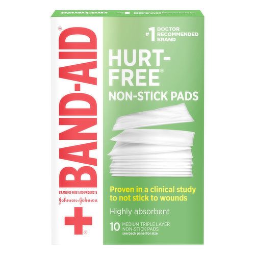 10 2.0 in x 3.0 in (5.0 cm x 7.6 cm). No. 1 Doctor recommended brand. Proven in a clinical study to not stick to wounds. Highly absorbent. Band-Aid brand of first and products. Ideal for minor cuts, scrapes, and burns. Gentle protection so the hurt doesn't hold you back. Instantly absorbs fluids and pulls fluids away from wounds. Heals The Hurt Faster: Covering wounds can help protect you against dirt and germs that may cause infection. Not made with natural rubber latex. www.band-aid.com Exclusive access to Johnson & Johnson nurse hotline 1-800-526-3967. Questions? 800-526-3967; Outside US, dial collect 215-273-8755. www.band-aid.com. Care to recycle. Made in China.