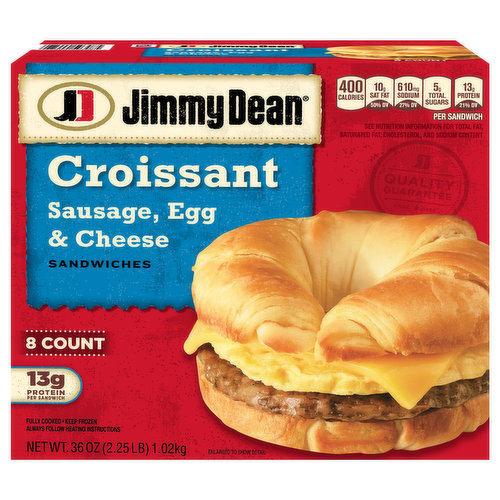 Rise and shine for a warm croissant meal. Savory pork sausage, eggs and cheese come together in a buttery croissant sandwich for a perfect start to your day. With 13 grams of protein per serving, Jimmy Dean Sausage, Egg & Cheese Croissant Breakfast Sandwiches give you fuel to help get you through your morning. Simply microwave each frozen croissant breakfast sandwich. Serve at home or eat on the go.