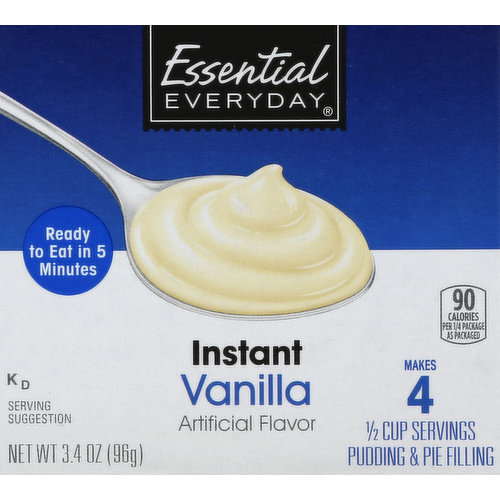 Makes 4 - 1/2 cup servings. Ready to eat in 5 minutes. Artificial flavor. 90 calories per 1/4 package as packaged. Artificial flavor. Like it or let us make it right. That's our quality promise. essentialeveryday.com.