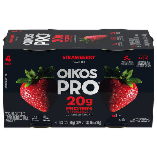 Oikos Pro Yogurt, Cultured, Ultra-Filtered Milk, Strawberry, 4 Pack