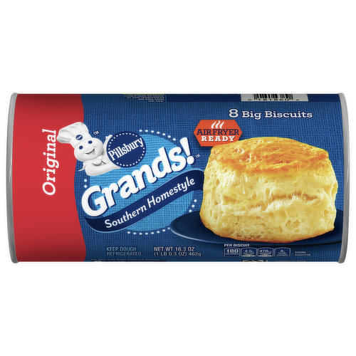 Make family meals grand with the home-baked goodness of Pillsbury Grands! Southern Homestyle Biscuits. Created for the biscuit lover, each hot-out-of-the-oven Grands! biscuit has a mouth-watering crispy outside and fluffy inside. A convenient alternative to scratch baking, Grands! refrigerated biscuit dough is ready-to-bake. In just minutes, the air will be filled with the delicious aroma of freshly baked biscuits for you to serve as a sandwich, with gravy or more. Imagine the memories you’ll make.These biscuits will give you time back in your day to focus on what matters by helping with grocery lists and post-baking kitchen cleanup. Simply preheat the oven to 375° F (or 350° F for a nonstick cookie sheet), place refrigerated biscuit dough 1 to 2 inches apart on ungreased cookie sheet and bake 11-15 minutes or until golden brown. In just a few simple steps, you'll have delicious biscuits without all the fuss!