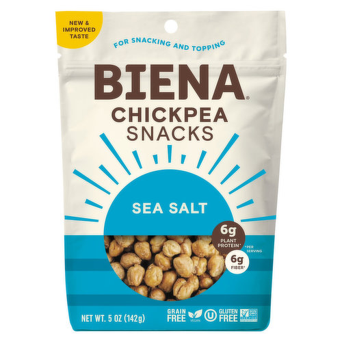 A crunchy roasted chickpea snack dusted with sea salt. Perfect for snacking & topping with no-nonsense ingredients that will keep you fueled up for your day and feeling good! 

6g Plant Protein*
6g Fiber*
120 calories per 50 chickpeas
Simple, whole-food ingredients. Nothing artificial
Plant-Based, Gluten Free, Peanut Free, Tree Nut Free, Grain Free, Dairy Free
*per serving