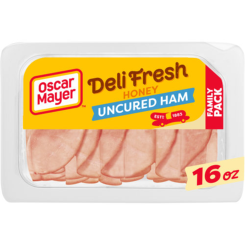 Make a delicious deli sandwich at home with Oscar Mayer Deli Fresh Honey Uncured Ham Contains Up to 24% of Seasoning Solution, Browned with Caramel Color Sliced Lunch Meat. Our quality honey ham deli meat is 97% fat free and made with no artificial preservatives*, no added hormones and no nitrates or nitrites added. *See back panel for ingredients to support quality. Fully cooked and ready to eat, our uncured ham slices have a mouthwatering sweet flavor with a touch of honey that's perfect for a sandwich, cheese and crackers, or salads. Keep our family sized 16-ounce package of deli ham refrigerated to maintain freshness. If you enjoy our honey deli ham, be sure to try the other varieties of Oscar Mayer ham lunch meat.