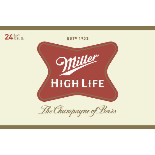 Estd 1903. The champagne of beers. Corn syrup is used as part of the brewing process only. Miller high life never uses high fructose corn syrup. Since 1855. For consumer questions call 1-800-Miller6. Please recycle. Please do not litter. 9.2