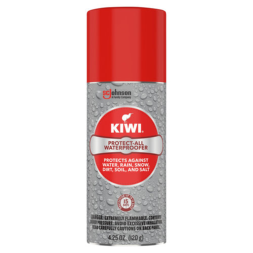 SC Johnson a family company. Protects against water, rain, snow, dirt, soil, and salt. Protection up to 15 days. Kiwi Protect-All Waterproofer creates an invisible shield that helps prevent water and dirt from penetrating leather, suede, nubuck, fabric and textile footwear, while still allowing articles to breathe. Great for shoes, boots, athletic footwear and other leather articles such as jackets, coats, bags, hats and backpacks. A family company since 1886. Fisk Johnson.