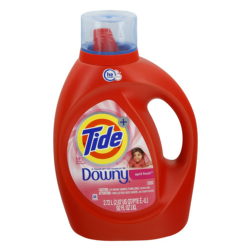 59 loads (Contains approximately 89 loads as measured to bar 2 on cap). HE turbo clean. A touch of downy. Cleans. Freshens. Whitens. Brightens. Plus more freshness power (vs Tide Original). Contains no phosphate. www.tide.com. www.tide.ca. Questions? 1-800-879-8433. Visit www.tide.com. Bottle made from 25% or more post-consumer recycled plastic.