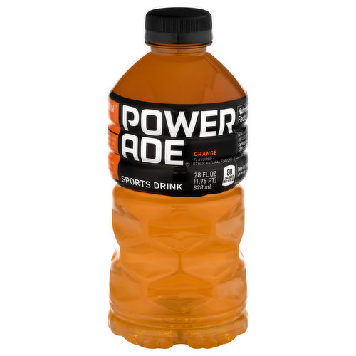Orange flavored + other natural flavors. 80 calories per 12 fl oz. Sodium. Potassium. Calcium. Magnesium. With vitamins B3, B6 & B12. Ion 4. Advanced electrolyte system. Helps replenish 4 electrolytes lost in sweat. www.us.powerade.com. SmartLabel: Scan for more food information. Consumer Information Call 1-800-343-0341. Sip & Scan: Open powerade.com on phone. Scan icon. Enjoy more. Please recycle.