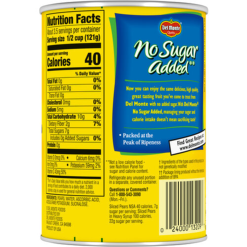 Del Monte No Sugar Added Sliced Pears