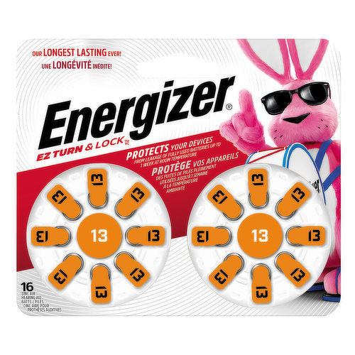 1.4 vcc zinc air batts. Our longest lasting ever! Protects your devices from leakage of fully used batteries up to 1 week at room temperature. Replaces all size 13. www.energizer.com. www.energizer.ca. Packaging recyclable if available in your area. Made in Germany.