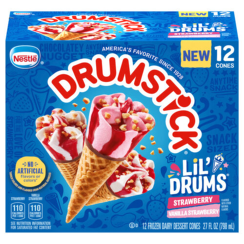 Drumstick Lil' Drums Frozen Dairy Dessert Cones, Strawberry/Vanilla Strawberry