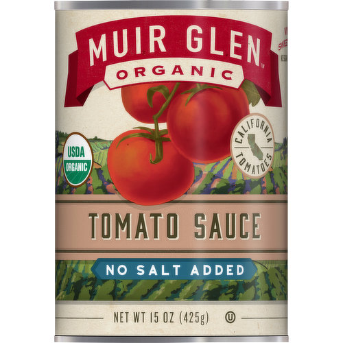 USDA Organic. Certified Organic by Oregon Tilth. Gluten free. No salt added. Not a sodium-free food. Non GMO Project verified. nongmoproject.org. California tomatoes. We go beyond growing. Sun-kissed and vine-ripened. Tomatoes by celebrating our farmers, planting pollinator habitats, and tending to the rich soil found in beautiful Northern California. No sugar needed. muirglen.com/faqs. how2recycle.info. For recipes & fresh picked content: Scan here. Questions or Comments? 1-800-832-6345. Non-BPA lining (For more information visit muirglen.com/faqs).