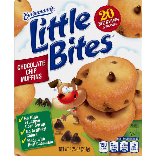 Per 1 Pouch Serving: 190 calories; 2.5 g sat fat (13% DV); 150 mg sodium (7% DV); 17 g total sugars. 20 muffins 5 pouches. Made with real chocolate. No. 1 selling mini muffins! No high fructose corn syrup. No artificial colors. BCTGM: Bakery Confectionery Tobacco Workers & Grain Millers Union Made. AFL CIO CLC. www.littlebites.com. Follow us at Facebook. Instagram. Pinterest. fb.com/LittleBitesSnacks. SmartLabel: Scan for more food information. For more information visit us at: www.littlebites.com. We are committed to providing you with quality products and welcome your questions and comments. Call 1-800-984-0989, consumer relations department. When writing, please include the proof-of-purchase (Bar code) and stamped date code. Turn used snack pouches into money for your school. Earn $0.02 per donated pouch for the school or charity of your choice. www.littlebites.com/about/terracycle. What's your favorite? Chocolate chip muffins. Fudge Brownies. Blueberry muffins. Party cakes. Terracycle. Please recycle this carton when possible. Recycling facilities for this carton may, not be available in your area.