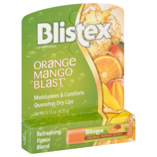 Moisturizes & comforts. Quenches dry lips. Refreshing flavor blend. Orange Mango Blast moisturizes and refreshes lips with a tantalizing flavor blend. Super-Smooth Moisturization: Orange Mango Blast is fortified with anti-oxidant vitamins C & E and rich moisturizers to quench your lips. It's a smooth-gliding balm that leaves lips feeling hydrated and totally juicy. Refreshing Flavor Sensation: Orange Mango Blast is a delicious pairing of two tasty fruit flavors. Juicy orange melds with sweet, tropical mango for a tangy, explosive combination. It's as delicious as it is effective. Satisfaction guaranteed. Also try Raspberry Lemonade Blast. Card is 100% recyclable.