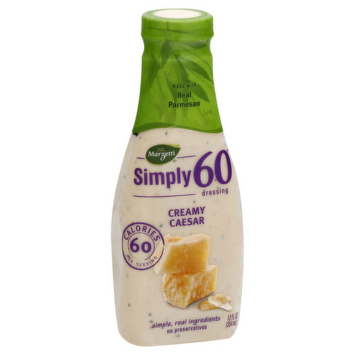 Made with real parmesan. Calories 60 per serving. Simple, real ingredients. No preservatives. Simple taste best. That's our belief - even if you're mindful of calories. That's why Marzetti Simply 60 Creamy Dressing is made with simple, real ingredients - like real parmesan and real buttermilk - and has no preservatives. Real ingredients. Real delicious. 60 calories. Oil used is made from seeds that were not genetically engineered. Questions or comments? www.simplydressed.com.