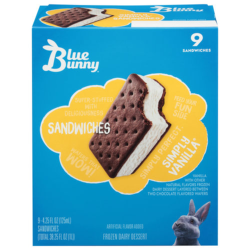 Blue Bunny Frozen Dairy Dessert, Simple Vanilla, Sandwiches