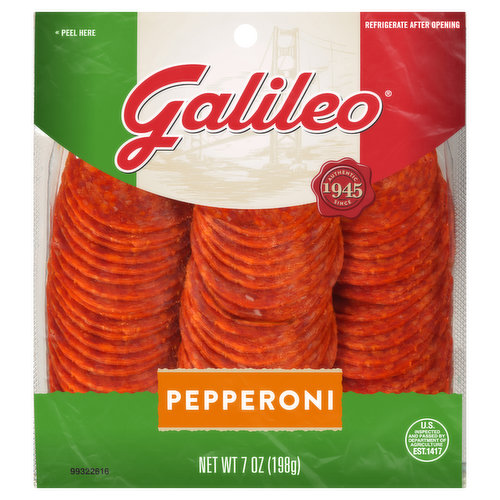 Bring the old world taste of Italy to your table with Galileo Pepperoni. This traditionally crafted pepperoni is made with lean, high quality pork and beef and seasoned with crushed red pepper and classic Italian spices. With 0 grams of trans fat per serving, this fully cooked and ready-to-eat deli sliced pepperoni is a zesty addition to any meal. Includes one 7 oz package of pepperoni. Galileo Foods was founded in the early 1920s in the San Francisco Bay Area with a passion for making authentic Italian dry salami using an old-world process brought from Italy to America. Today, the balance of artisan craftsmanship and modern methods is what makes Galileo Salame so unique, and so delicious. As we've grown from a small family operation to becoming one of the nation's leading producers of salami, we've stayed committed to making salami the old-fashioned way: with high quality pork, exceptional spices, and lots of care and attention.