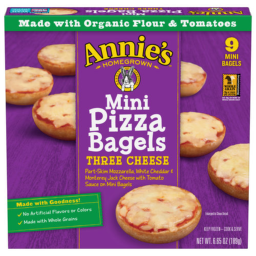 Topped with real cheesy goodness, Annie’s Three Cheese Mini Pizza Bagels are a cheese lover’s delight with a big ingredient promise! Made with organic flour and tomatoes, whole grains and 100% real Mozzarella, White Cheddar & Monterey Jack cheeses from cows not treated with rBST*, you’ll never find artificial flavors or colors in our mini bagels! Great for an after-school snack or a game day appetizer, our bagel minis are down-to-earth delicious! *No significant difference has been shown between milk derived from rBST-treated and non rBST-treated cows.