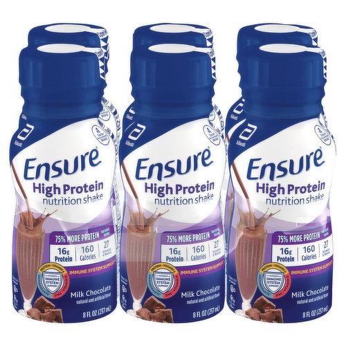 From the #1 doctor-recommended brand, Ensure High Protein nutritional shakes provide targeted high-protein nutrition to help you stay active and energetic. Each delicious shake has 16g of high-quality protein, 2g of fat, 27 essential vitamins and minerals, and 160 calories. * 75% more protein than Ensure Original. Ensure High Protein, 16g protein/160 calories per 8 fl oz versus Ensure Original, 9g protein/220 calories per 8 fl oz. † Not for people with galactosemia.