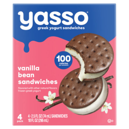 No sandwich is chilla than vanilla. This classic sammie twists tradition in the most delicious way-vanilla flavored with other natural flavors frozen Greek yogurt hugged in two soft chocolate wafers. At 100 calories and 4 g of protein per sandwich, your inner child is stoked, so is your outer adult. - Amanda & Drew Founders. Live & active cultures. 0 artificial sweeteners. Let's chill at your place. Looks like the freezer is the new snack drawer. Recyclable. Yasso Game On! Foundation: We Taste Good. We Do Good: Thank you for supporting Game On! with your purchase. Learn how we work to inspire health and happiness in communities with our Game On! Foundation at yasso.com/game-on.